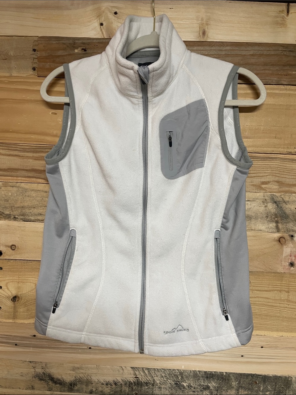 Eddie Bauer White and Gray Fleece Vest - Women's Zip Front- Small